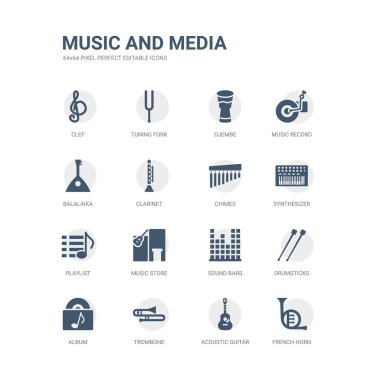 simgeler Fransız kornosu, akustik gitar, trombon, albüm, sopaları, ses Bar, müzik mağazası, çalma listesi, synthesizer, gibi basit set chimes. ilgili müzik ve Medya Icons collection. düzenlenebilir