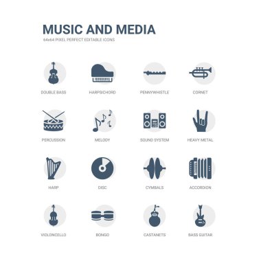 bas gitar, kastanyet, bongo, viyolonsel, akordeon, ziller, disk, ARP, heavy metal, ses sistemi gibi simgeleri basit kümesi. ilgili müzik ve Medya Icons collection. düzenlenebilir 64 x 64 piksel