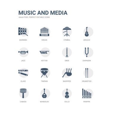 basit panpipe, çello, mandolin, cabasa, baget, gayda, timpani, clave, diapason, obua gibi simgeler kümesi. ilgili müzik ve Medya Icons collection. düzenlenebilir 64 x 64 piksel mükemmel.