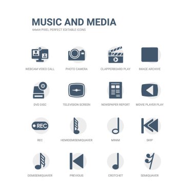 semiquaver, crotchet, önceki, demisemiquaver, atla, ikilik, hemidemisemiquaver, rec, film oyuncu Oynat düğmesini, gazete raporu gibi simgeleri basit kümesi. ilgili müzik ve Medya simgeler