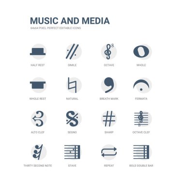basit bir set gibi kalın çift çizgili hattı, tekrar ediyorum, çıta, simgeleri otuz ikinci not dinlenme, oktav nota anahtarı, keskin, segno, alto nota anahtarı, fermata, nefes işareti. ilgili müzik ve Medya Icons collection.