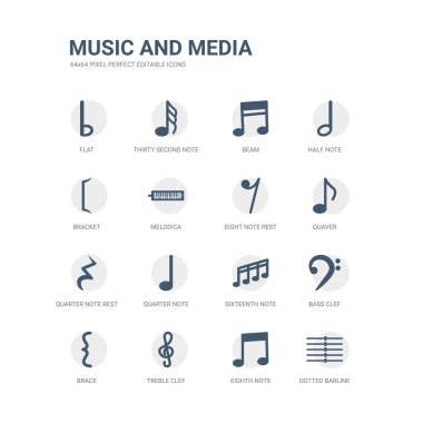 noktalı barline, sekizinci Not, tiz nota anahtarı, küme ayracı, bas nota anahtarı, on altıncı Not, çeyrek nota, çeyrek dinlenme, quaver, sekiz dinlenme gibi simgeleri basit kümesi. ilgili müzik ve Medya Icons collection.