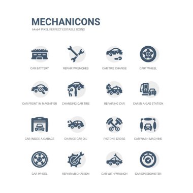 simgeler gibi araba hız göstergesi, araba anahtarı, onarım mekanizması, araba tekerleği, yıkama makinesi ile basit set, pistonlar cross, ilgili mechanicons tamir bir benzin istasyonunda bir garaj içinde değişiklik petrol