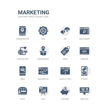 Basit dizi web Mağazalar, domuz banka, satış, Dükkanı, eBilet, hız testi, web grafik, açık gibi simgeleri, webcode, fiyat. Icons collection pazarlama ile ilgili. düzenlenebilir 64 x 64 piksel mükemmel.