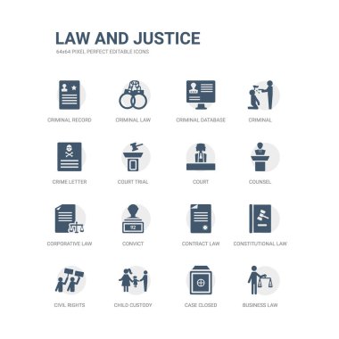 iş hukuku gibi simgeleri basit set, dava kapandı, çocukların velayeti, insan hakları, Anayasa hukuku, Sözleşme Hukuku, mahkum, Kurumsal Danışman, mahkeme. ilgili ve adalet Icons collection.