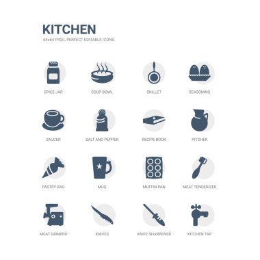 Basit mutfak musluk, bıçak bileyici, bıçak, kıyma, et sirke, çörek tepsisi, kupa, hamur işi çanta, sürahi, tarif kitabı gibi simgeler kümesi. mutfak simgeler toplama ile ilgili. düzenlenebilir 64 x 64