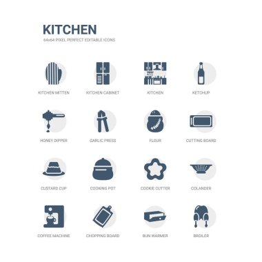 Izgaramız gibi simgeleri basit bir set topuz daha sıcak, doğrama tahtası, kahve makinesi, kevgir, çerez kesici, yemek pot, muhallebi Kupası, kesme tahtası, un. mutfak simgeler toplama ile ilgili. düzenlenebilir