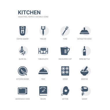 basit set Mikser, mitten, tarifi, mikrodalga fırın, harç, soba, tepsi, mutfak masa, şarap şişesi gibi simgeleri ölçme kupa. mutfak simgeler toplama ile ilgili. düzenlenebilir 64 x 64 piksel mükemmel.