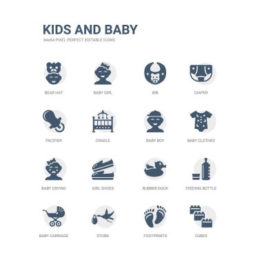 Basit simgeler kümesi küpleri, ayak izleri, leylek, bebek arabası, besleme şişe, plastik ördek, Paphiopedilum, Bebek ağlaması, bebek giysileri, evlat. ilgili çocuklar ve simgeler koleksiyonu. düzenlenebilir 64 x 64 piksel