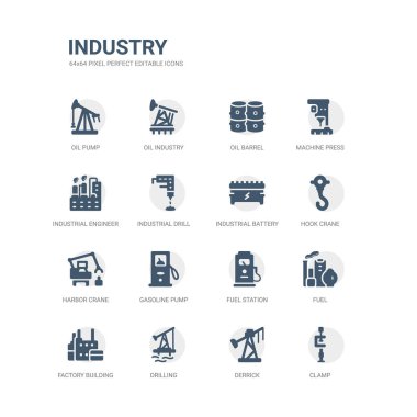 kelepçe, derrick, sondaj, fabrika binası, yakıt, yakıt istasyon, benzin pompası, limandaki Vinci, kanca vinç, gibi simgeleri basit bir set endüstriyel pil. yan sanayi simgeler koleksiyonu. düzenlenebilir