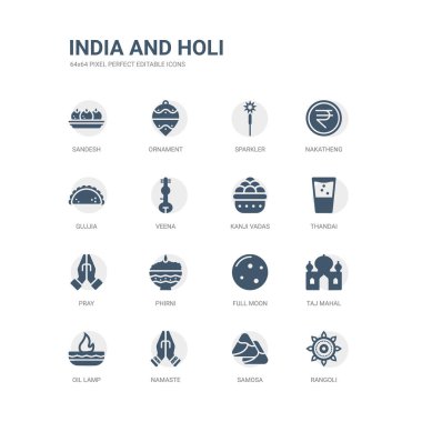 simgeler rangoli, samosa, namaste, Kandil, taj mahal, dolunay, phirni, gibi basit set dua, thandai, kanji vadas. ilgili Hindistan ve bayram simgeler koleksiyonu. düzenlenebilir 64 x 64 piksel mükemmel.