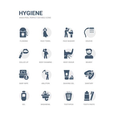 Diş Yapıştır, kürdan, küveti, jel, sıhhi, tıraş jeli, abdest, Bebek silme, sakallı, vücut kokusu gibi simgeleri basit kümesi. Hijyen simgeler toplama ile ilgili. düzenlenebilir 64 x 64 piksel mükemmel.