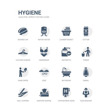 basit bir set simgeleri gibi saç yıkama, randevu defteri, sıhhi peçete, tırnak makası, pisuar, banyo, lens, el kurutma makinesi, atmak, antiseptik. Hijyen simgeler toplama ile ilgili. düzenlenebilir 64 x 64