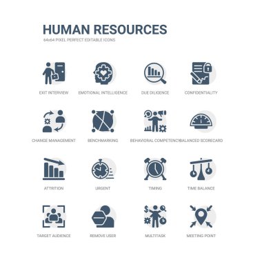 simple set of icons such as meeting point, multitask, remove user, target audience, time balance, timing, urgent, attrition, balanced scorecard, behavioral competency. related human resources icons clipart