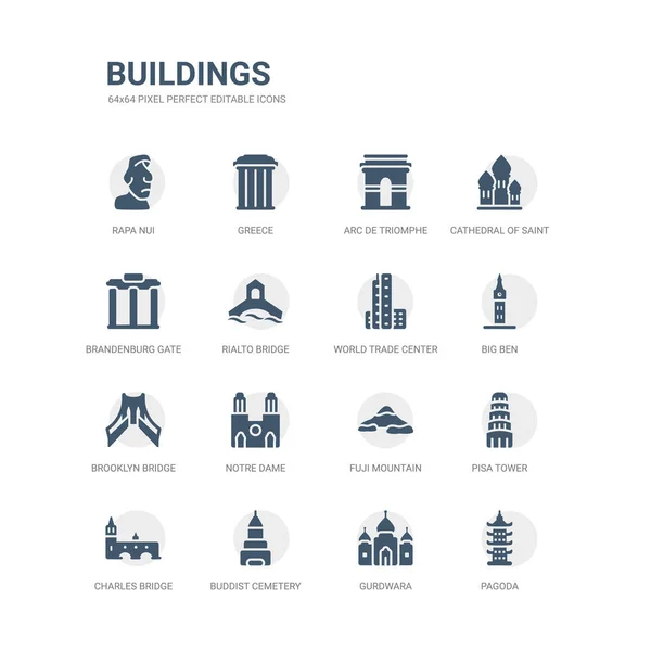 Conjunto simple de iconos como pagoda, gurdwara, cementerio budista, puente de Charles, torre de pisa, montaña fuji, notre dame, puente de Brooklyn, gran ben, centro de comercio mundial. iconos de edificios relacionados — Vector de stock