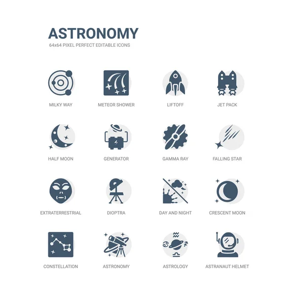 Einfache Reihe von Symbolen wie Astrautenhelm, Astrologie, Astronomie, Sternbild, Mondsichel, Tag und Nacht, Dioptra, Außerirdischer, Sternschnuppe, Gammastrahl. Verwandte Astronomie-Ikonen — Stockvektor