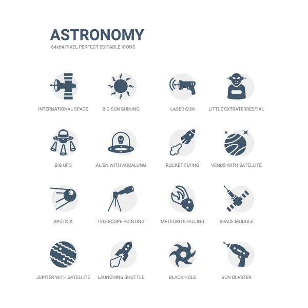 Conjunto simple de iconos tales como pistolero, agujero negro, lanzadera, jupiter con satélite, módulo espacial, caída de meteoritos, telescopio apuntando hacia arriba, sputnik, venus con satélite, vuelo de cohetes . — Vector de stock