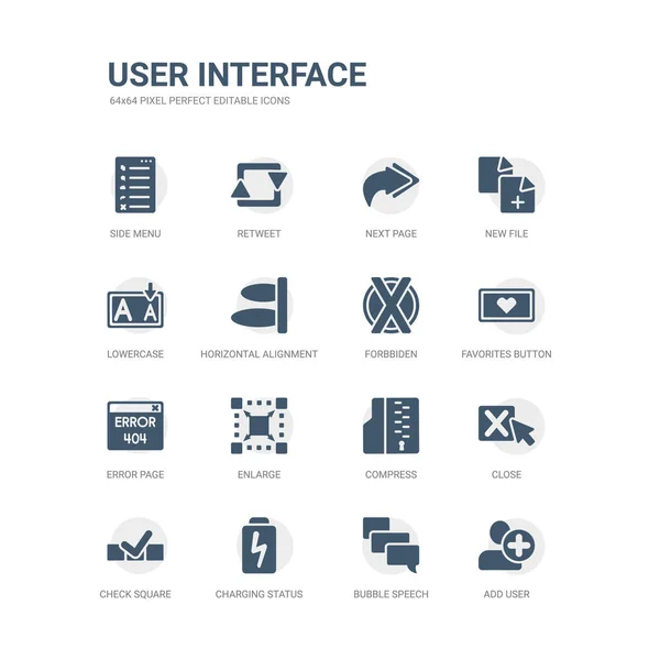 Conjunto simple de iconos como agregar usuario, voz de burbuja, estado de carga, casilla de verificación, cierre, comprimir, ampliar, página de error, botón favoritos, forbbiden. colección de iconos de interfaz de usuario relacionados . — Vector de stock