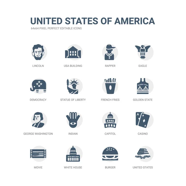 Conjunto simple de iconos tales como estados unidos, hamburguesa, casa blanca, película, casino, capitolio, indio, George Washington, estado de oro, papas fritas. estados unidos relacionados de la colección de iconos de América . — Vector de stock