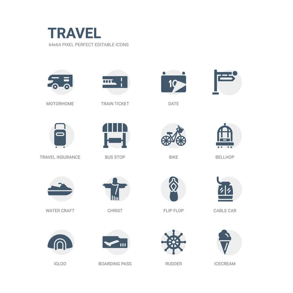 Simple set of icons such as icecream, rudder, boarding pass, igloo, cable car, flip flop, christ, water craft, bellhop, bike. related travel icons collection. editable 64x64 pixel perfect. — Stock Vector