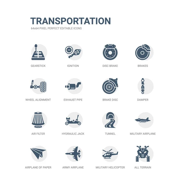 Eenvoudige set van iconen zoals alle terrein, militaire helikopter leger vliegtuig, vliegtuig van papier blad militaire vliegtuig, tunnel, Hydraulische vijzel, luchtfilter, demper, remschijf. gerelateerde — Stockvector