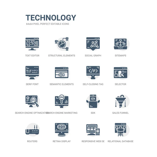 Simple set of icons such as relational database management system, responsive web de, retina display, routers, sales funnel, sdk, search engine marketing, search engine optimization, selector, — Stock Vector