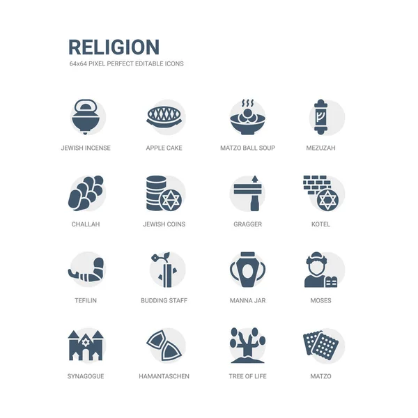 Simple set of icons such as matzo, tree of life, hamantaschen, synagogue, moses, manna jar, budding staff, tefilin, kotel, gragger. related religion icons collection. editable 64x64 pixel perfect. — Stock Vector