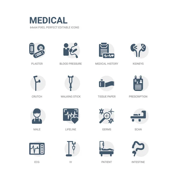 Semplice serie di icone come intestino, paziente, iv, ecg, scansione, germi, linea di vita, maschio, prescrizione, carta velina. correlati collezione di icone mediche. modificabile 64x64 pixel perfetto . — Vettoriale Stock