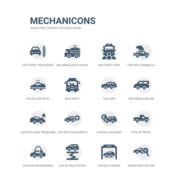 Простий набір іконок, таких як пошук автомобіля, машини в гаражі, автомобіль на АЗС і навушники, підібрати вантажівку, продаж в євро, з колесами, з проблемами тепла, прямокутна сторона таксі. пов'язані — стоковий вектор