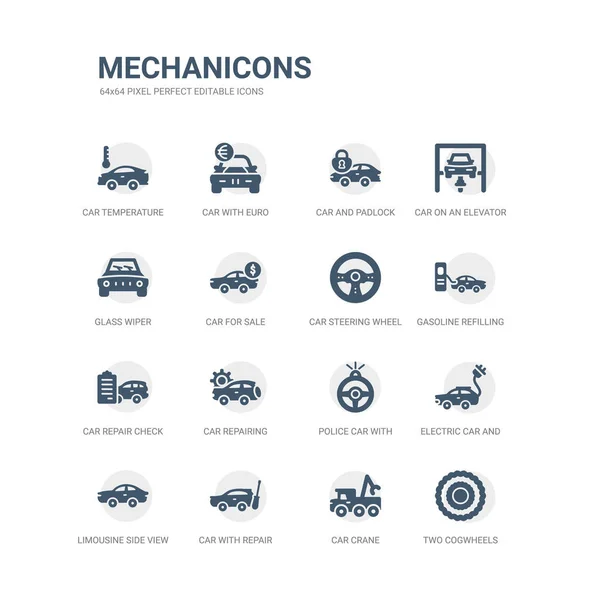 Conjunto simple de iconos como dos ruedas dentadas, grúa de coche, coche con equipo de reparación, vista lateral de limusina, coche eléctrico y enchufe, policía con volante, reparación, lista de verificación de reparación, gasolina — Archivo Imágenes Vectoriales