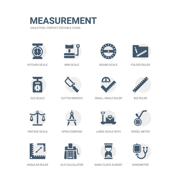 Conjunto simple de iconos como nanómetro, reloj de arena casi acabado, calculadora antigua, regla angular, medidor de rueda, gran escala con maleta, brújula abierta, escala vintage, regla grande, regla de ángulo pequeño . — Vector de stock