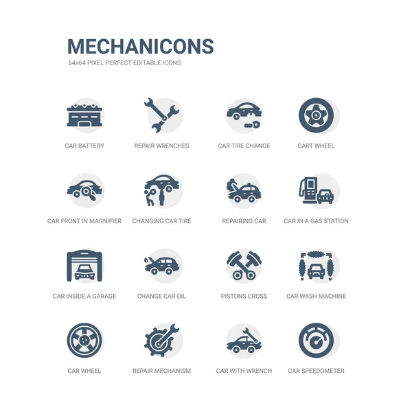 Jogo simples de ícones tais como o velocímetro do carro, carro com chave inglesa, mecanismo de reparação, roda do carro, máquina de lavar roupa, pistões cruz, óleo da mudança, dentro de uma garagem, em um posto de gasolina, reparando mechanicons relacionados — Vetor de Stock