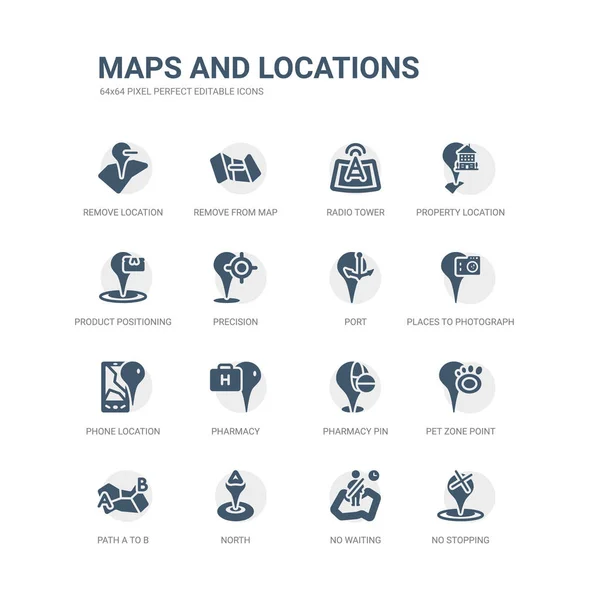 Conjunto simple de iconos tales como ninguna parada, ninguna espera, norte, camino a b, punto de zona de mascotas, pin de farmacia, farmacia, ubicación del teléfono, lugares para fotografiar, puerto. mapas relacionados e iconos de ubicaciones — Vector de stock