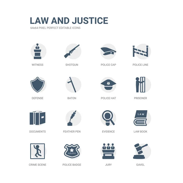Simple set of icons such as gavel, jury, police badge, crime scene, law book, evidence, feather pen, documents, prisoner, police hat. related law and justice icons collection. editable 64x64 pixel — Stock Vector