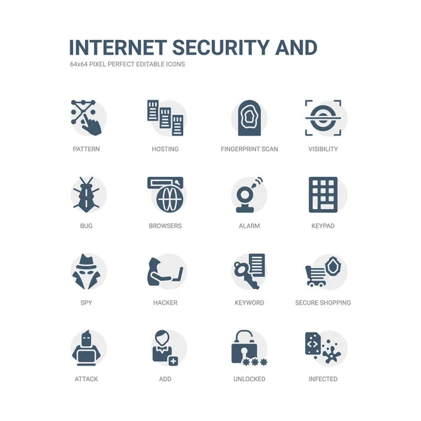 Simple set of icons such as infected, unlocked, add, attack, secure shopping, keyword, hacker, spy, keypad, alarm. related internet security and icons collection. editable 64x64 pixel perfect. — Stock Vector