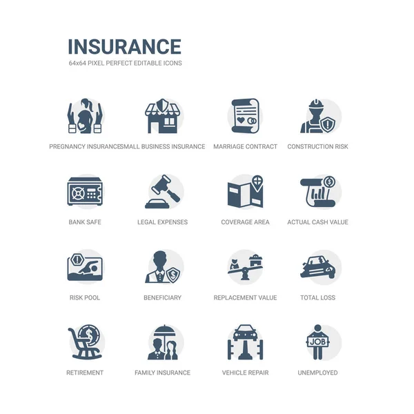 Ensemble simple d'icônes telles que le chômage, la réparation de véhicules, l'assurance familiale, la retraite, la perte totale, la valeur de remplacement, le bénéficiaire, le pool de risques, la valeur réelle de la trésorerie, la zone de couverture. icônes d'assurance connexes — Image vectorielle