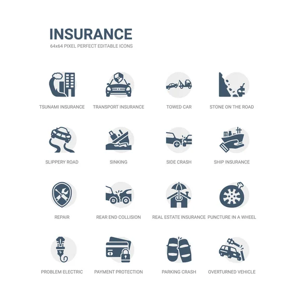 Ensemble simple d'icônes telles que véhicule renversé, accident de stationnement, protection de paiement, problème électrique, perforation dans une roue, assurance immobilière, collision arrière, réparation, assurance bateau, côté — Image vectorielle