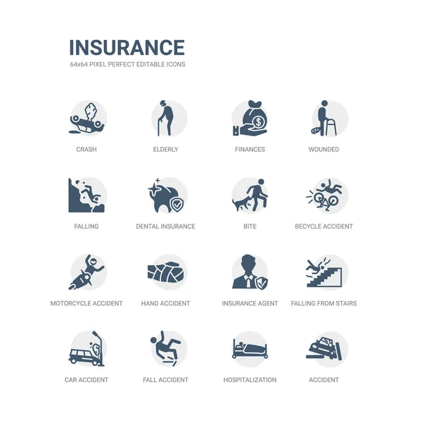 Ensemble simple d'icônes telles que accident, hospitalisation, accident de chute, accident de voiture, chute des escaliers, agent d'assurance, moto main becycle morsure. collection d'icônes d'assurance connexes. modifiable — Image vectorielle