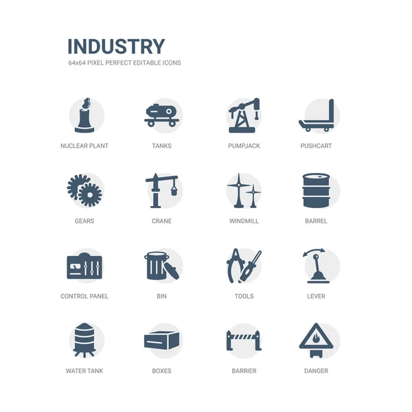 Simple set of icons such as danger, barrier, boxes, water tank, lever, tools, bin, control panel, barrel, windmill. related industry icons collection. editable 64x64 pixel perfect. — Stock Vector