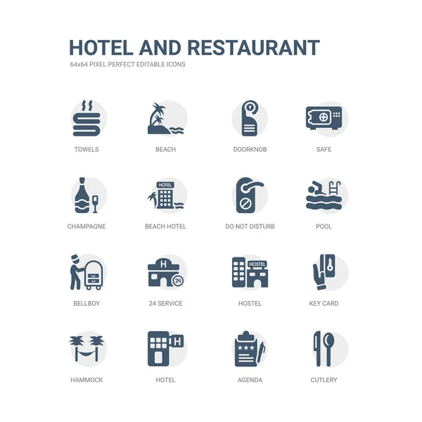 Egyszerű készlet-ból ikonok, mint például a evőeszközök, menetrend, hotel, függőágy, kulcs kártya, hostel, 24 szolgáltatás, londiner, medence, ne zavarjon. kapcsolódó hotel és étterem ikonok gyűjtemény. szerkeszthető 64 x 64 pixel tökéletes. — Stock Vector
