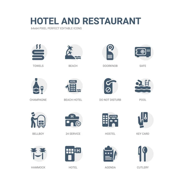 Ensemble simple d'icônes telles que couverts, ordre du jour, hôtel, hamac, carte-clé, auberge, service 24, groom, piscine, ne pas déranger. connexes hôtel et restaurant icônes collection. modifiable 64x64 pixel parfait . — Image vectorielle