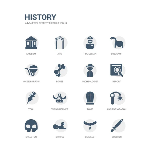 Conjunto simples de ícones, tais como escovas, pulseira, esfinge, esqueleto, arma antiga, túmulo, capacete viking, ferramenta, relatório, arqueólogo. coleção de ícones de história relacionados. editável 64x64 pixel perfeito . —  Vetores de Stock