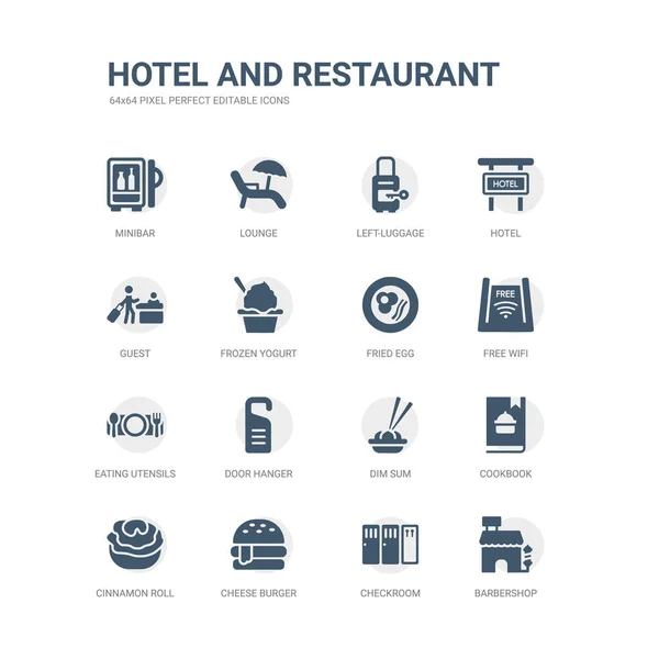 Conjunto simple de iconos tales como barbería, sala de control, hamburguesa de queso, rollo de canela, libro de cocina, dim sum, percha de la puerta, utensilios para comer, wifi gratis, huevo frito. colección de iconos de hotel y restaurante relacionados . — Archivo Imágenes Vectoriales