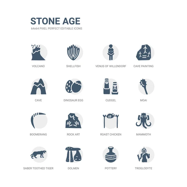Simple set of icons such as troglodyte, pottery, dolmen, saber toothed tiger, mammoth, roast chicken, rock art, boomerang, moai, cudgel. related stone age icons collection. editable 64x64 pixel — Stock Illustration Simple set of icons such as troglodyte, pottery, dolmen, saber toothed tiger, mammoth, roast chicken, rock art, boomerang, moai, cudgel. related stone age icons collection. editable 64x64 pixel Stock Vector