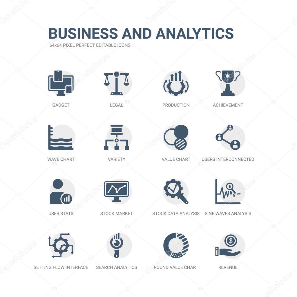simple set of icons such as revenue, round value chart, search analytics, setting flow interface, sine waves analysis, stock data analysis, stock market, user stats, users interconnected, value