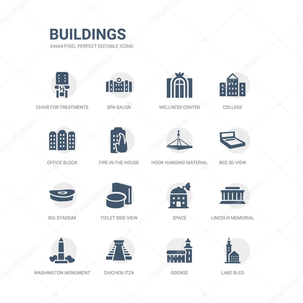 simple set of icons such as lake bled, odense, chichen itza, washington monument, lincoln memorial, space, toilet side view, big stadium, bed 3d view, hook hanging material. related buildings icons