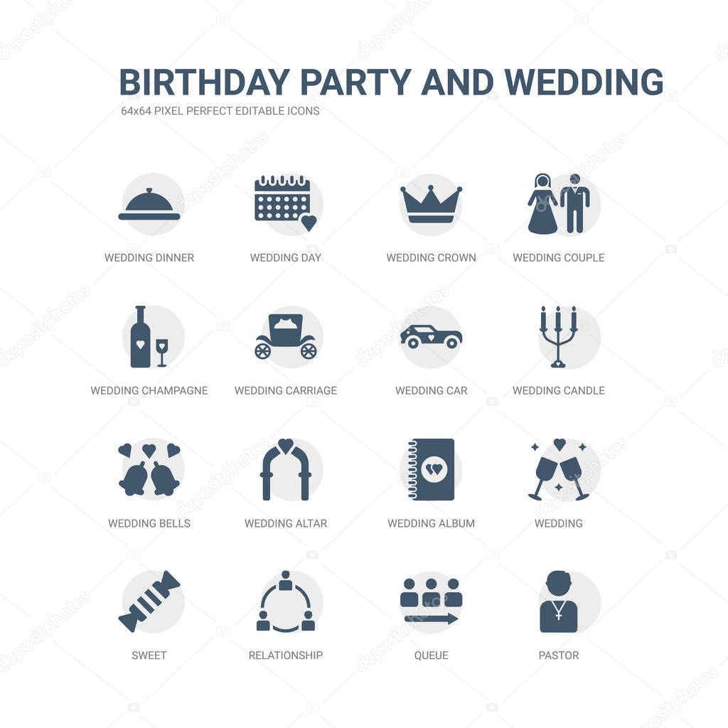 simple set of icons such as pastor, queue, relationship, sweet, wedding, wedding album, wedding altar, bells, candle, car. related birthday party and icons collection. editable 64x64 pixel perfect.