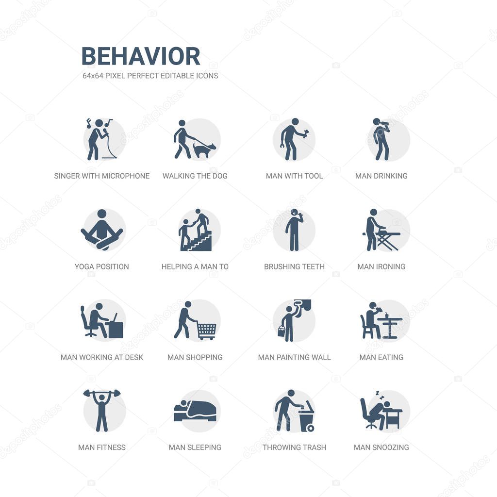 simple set of icons such as man snoozing, throwing trash, man sleeping, man fitness, eating, painting wall, shopping, working at desk, ironing, brushing teeth. related behavior icons collection.