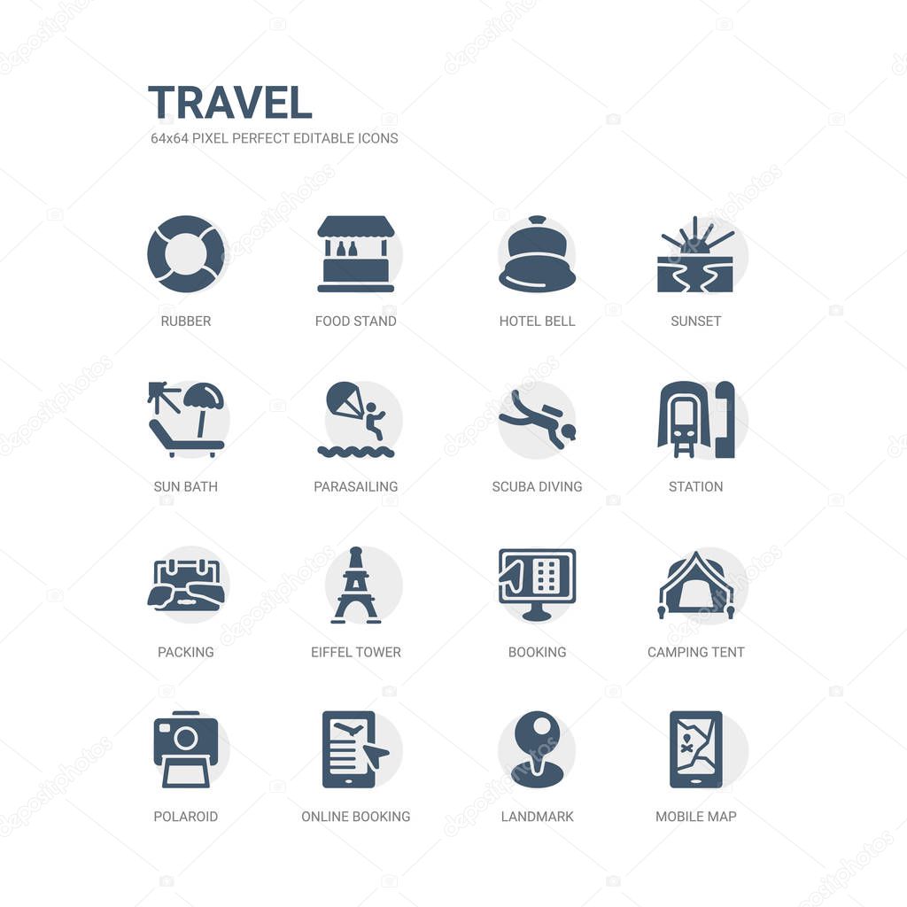 simple set of icons such as mobile map, landmark, online booking, polaroid, camping tent, booking, eiffel tower, packing, station, scuba diving. related travel icons collection. editable 64x64 pixel
