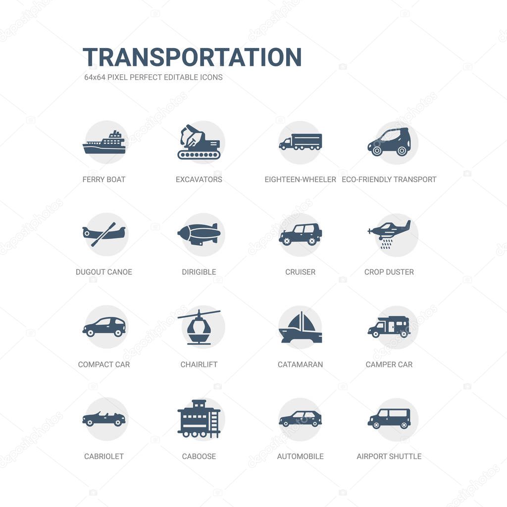 simple set of icons such as airport shuttle, automobile, caboose, cabriolet, camper car, catamaran, chairlift, compact car, crop duster, cruiser. related transportation icons collection. editable